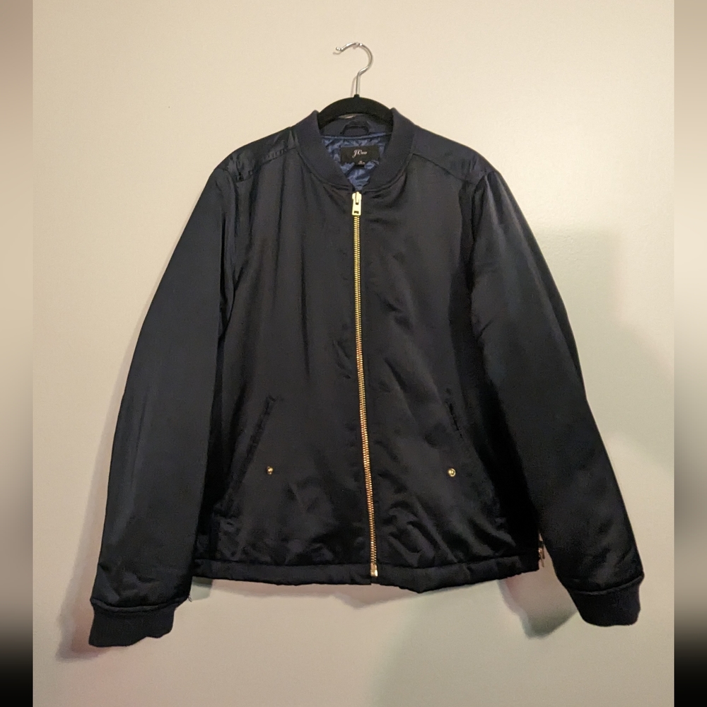J Crew Zip Detail Bomber Jacket | Brass Hardware | Dark Blue Satin | Size Medium